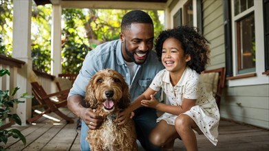 Man and young girl smiling as they cuddle with a happy dog on a bright sunny porch, AI generated