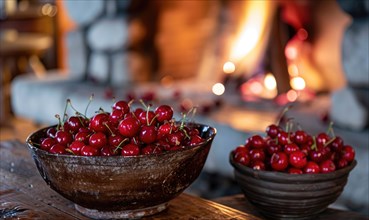 A cozy fireplace adorned with bowls of ripe cherries, AI generated