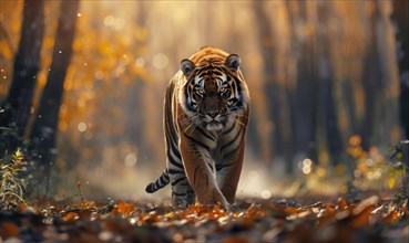 A Siberian tiger prowling through a sunlit clearing in the forest AI generated