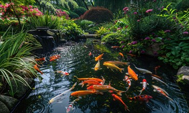 A tranquil koi pond surrounded by lush vegetation and blooming flowers AI generated