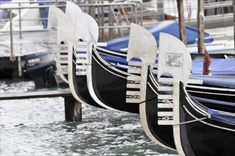 Several gondolas on a jetty in the water, Venice, Veneto, Italy, Europe
