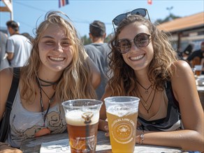 Zwei Freundinnen laecheln und geniessen Bier an einem sonnigen Tag im Freien, Lifestyle in Paris,