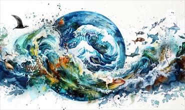 Earth globe in ocean waves, ecology and environment AI generated