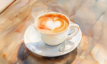 Soft watercolor artwork of a coffee cup and saucer with a heart-shaped latte art AI generated