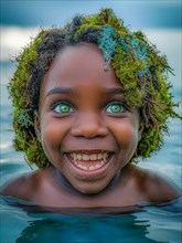 Joyful child in the ocean against vivid blue sky, adorned with a natural seaweed crown, earth day