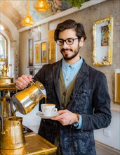 Stylish man carefully pouring coffee from a gold service set amidst antique, pattern-rich