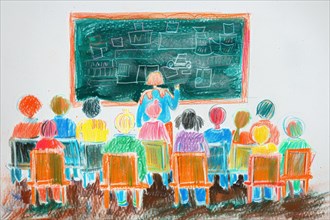 Pupils in a classroom, the teacher is teaching on a blackboard, drawing with coloured pencils by a