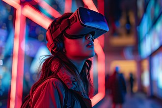 Woman with VR headset surrounded by vibrant neon lights, engrossed in a virtual experience, AI