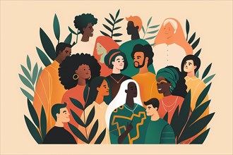 Artistic illustration of a diverse group of people surrounded by tropical leaves, illustration, AI