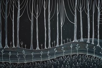 Illustration of a whimsical night forest with white trees and stars, illustration, AI generated