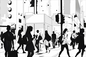 Stylized black and white illustration of busy city street with pedestrians, illustration, AI