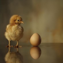 A fluffy chick on a shiny surface with a blurred background, AI generated