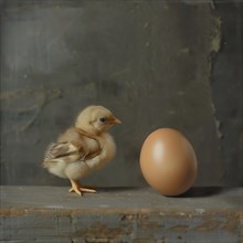 Small fluffy chick next to an egg on a dark background, AI generated