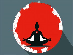 Silhouette of a person meditating inside a textured red circle symbolizing zen and calmness,