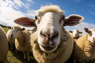Fisheye perspoective close up of funny sheep on meadow. KI generiert, generiert, AI generated