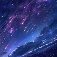 Fantasy-inspired night sky with shooting stars over cloudy horizon with purple tones AI generated