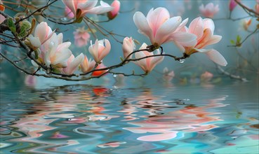 Magnolia blossoms reflected in the still waters of a tranquil pond. Magnolia blossoms touch water