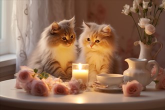 Cute Kittens Admiring Candlelight Amidst Roses, AI generated