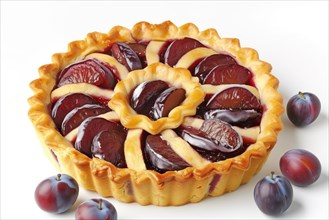 A beautifully baked plum tart with arranged plum slices on top, AI generated