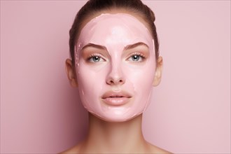 Young woman with pink beauty face mask. KI generiert, generiert, AI generated