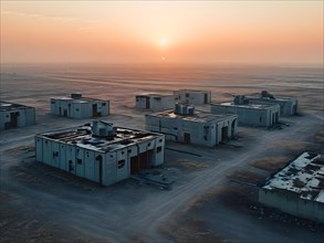Aerial view of deserted military base featuring empty barracks and abandoned tanks in silent, AI