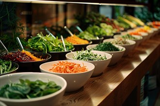 A well-organized salad bar with an array of fresh vegetables and choices, AI generated