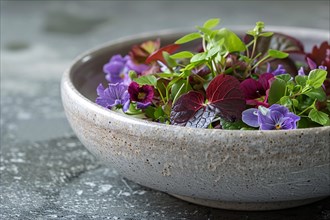 A bowl of fresh edible flowers and herbs displayed vibrantly, AI generated