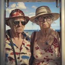 Grumpy looking older couple with sunglasses and hats standing in a bus, AI generated