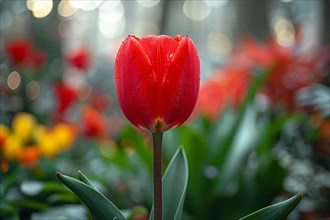 Close-up of a solitary red tulip with dew drops on its petals against a soft bokeh background, AI