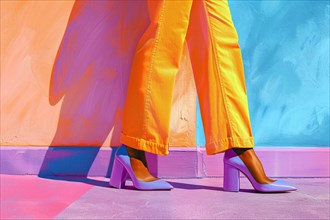 Stylish purple high heels casting vibrant pink shadows on a multicolored surface, AI generated