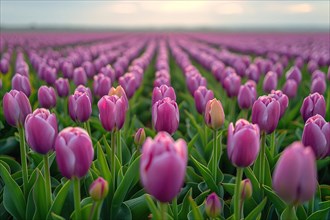 Row upon row of pink tulips stretches to the horizon in a serene dawn setting, AI generated