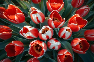 Close-up of red and white tulips revealing detailed petal texture, AI generated