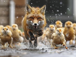 A fox in the middle of a chase with chicks in daylight, AI generated, AI generated