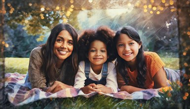 Joyful family sharing a moment on a picnic blanket in the park, AI generated