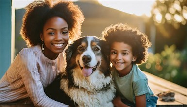 Family with a pet dog, woman and children smiling and bonding in an outdoor setting, AI generated