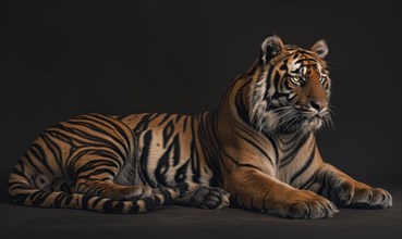 A Sumatran tiger lounging in a relaxed pose against a studio backdrop AI generated