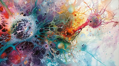 Abstract fluid art with vibrant, organic cell-like shapes in a multitude of colors, ai generated,