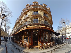 Ein typisches Pariser Cafe-Eckhaus, aufgenommen mit einer Fischaugenlinse, Lifestyle in Paris,