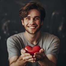 Smiling young man holding a red heart in his hands against a dark background, AI generated