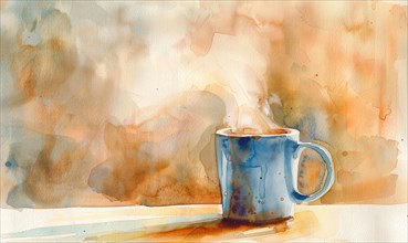 Watercolor painting of a coffee mug with steam rising AI generated