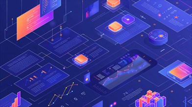 Isometric technology-themed graphic with glowing 3D elements in purple and blue, ai generated, AI