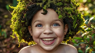 Happy child outdoors with sunlight touching their mossy hair, moss growing and thriving, creating a