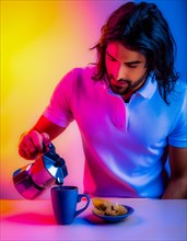 Man with a moka pot illuminated by colorful neon lights preparing coffee, Vertical aspect ratio, AI