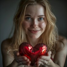 Natural-looking woman holds a glowing red heart in her hands, AI generated