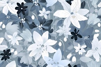 Layered illustration of blue and white transparent flowers with a soft feel, illustration, AI