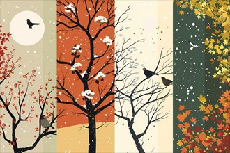 Artistic illustration depicting the cycle of seasons through colorful trees and birds,