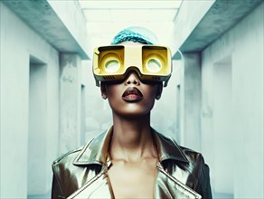 Woman in a retro-futuristic style wearing yellow VR glasses and a shiny jacket, AI generated