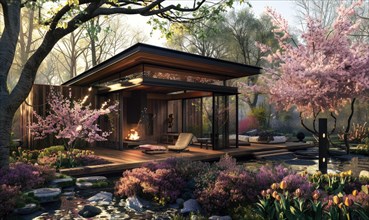 A modern wooden cabin with a cozy fireplace, surrounded by vibrant spring blossoms and lush
