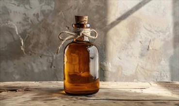 Amber glass bottle mockup containing premium organic oil, beauty care produce background AI
