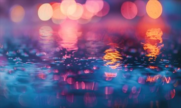 Bokeh lights reflecting off water droplets on a rainy day AI generated